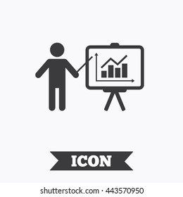 Presentation sign icon. Man standing with pointer. Scheme and Diagram symbol. Graphic design element. Flat presentation symbol on white background. Vector