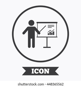 Presentation sign icon. Man standing with pointer. Scheme and Diagram symbol. Graphic design element. Flat symbol in circle button. Vector