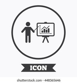 Presentation sign icon. Man standing with pointer. Scheme and Diagram symbol. Graphic design element. Flat symbol in circle button. Vector