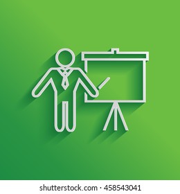 Presentation sign icon. Man standing with pointer near the flip chart. Blank empty billboard symbol. Line icon.