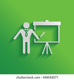 Presentation sign icon. Man standing with pointer near the flip chart. Blank empty billboard symbol. 