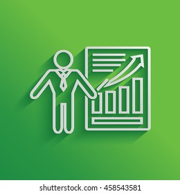 Presentation sign icon. Man standing with pointer near the infographic. Line icon.