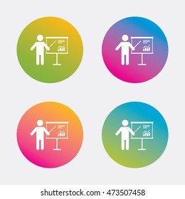 Presentation sign icon. Man standing with pointer. Scheme and Diagram symbol. Gradient flat buttons with icon. Modern design. Vector