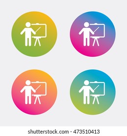 Presentation sign icon. Man standing with pointer. Blank empty billboard symbol. Gradient flat buttons with icon. Modern design. Vector