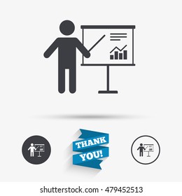 Presentation sign icon. Man standing with pointer. Scheme and Diagram symbol. Flat icons. Buttons with icons. Thank you ribbon. Vector