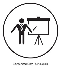 Presentation sign icon. Man standing with pointer near the flip chart. Blank empty billboard symbol