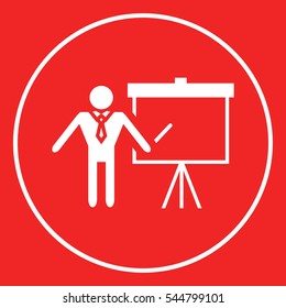 Presentation sign icon. Man standing with pointer near the flip chart. Blank empty billboard symbol