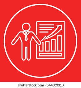 Presentation sign icon. Man standing with pointer near the infographic. Line icon.