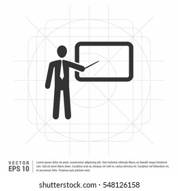 Presentation sign icon. Man standing with pointer. Blank empty billboard symbol. Gray flat square button with shadow. Modern UI website navigation. Vector

