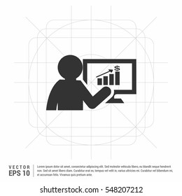 Presentation sign icon. Man standing with pointer. Blank empty billboard symbol. Gray flat square button with shadow. Modern UI website navigation. Vector

