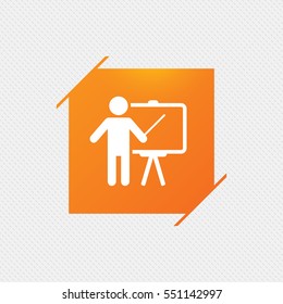 Presentation sign icon. Man standing with pointer. Blank empty billboard symbol. Orange square label on pattern. Vector