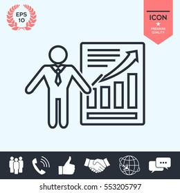 Presentation sign icon. Man standing with pointer near the infographic. Line icon.