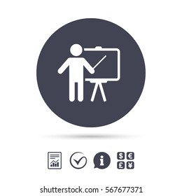Presentation sign icon. Man standing with pointer. Blank empty billboard symbol. Report document, information and check tick icons. Currency exchange. Vector