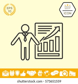Presentation sign icon. Man standing with pointer near the infographic. Line icon.