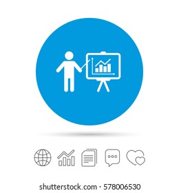 Presentation sign icon. Man standing with pointer. Scheme and Diagram symbol. Copy files, chat speech bubble and chart web icons. Vector