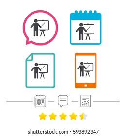 Presentation sign icon. Man standing with pointer. Blank empty billboard symbol. Calendar, chat speech bubble and report linear icons. Star vote ranking. Vector