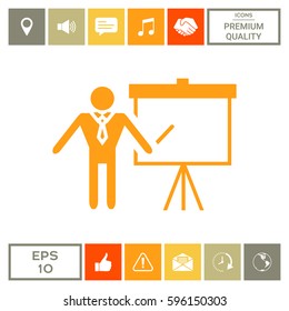 Presentation sign icon. Man standing with pointer near the flip chart. Blank empty billboard symbol