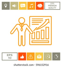 Presentation sign icon. Man standing with pointer near the infographic. Line icon.
