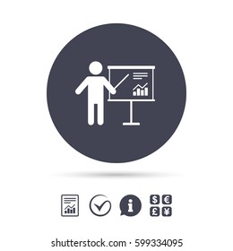 Presentation sign icon. Man standing with pointer. Scheme and Diagram symbol. Report document, information and check tick icons. Currency exchange. Vector