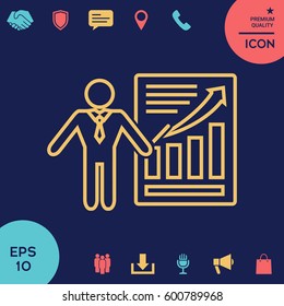 Presentation sign icon. Man standing with pointer near the infographic. Line icon.