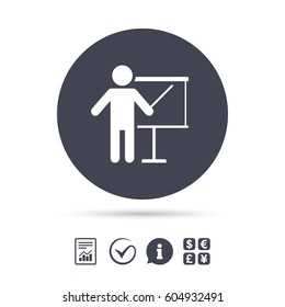 Presentation sign icon. Man standing with pointer. Blank empty billboard symbol. Report document, information and check tick icons. Currency exchange. Vector