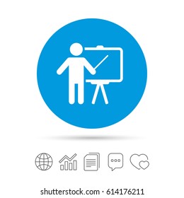 Presentation sign icon. Man standing with pointer. Blank empty billboard symbol. Copy files, chat speech bubble and chart web icons. Vector