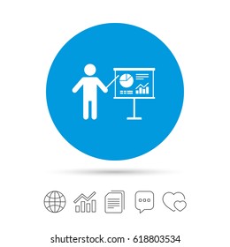 Presentation sign icon. Man standing with pointer. Scheme and Diagram symbol. Copy files, chat speech bubble and chart web icons. Vector