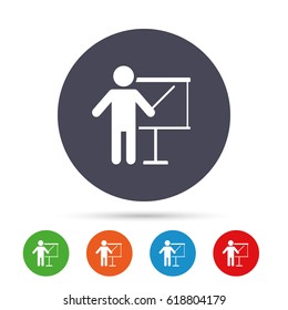 Presentation sign icon. Man standing with pointer. Blank empty billboard symbol. Round colourful buttons with flat icons. Vector