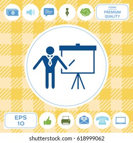Presentation sign icon. Man standing with pointer near the flip chart. Blank empty billboard symbol