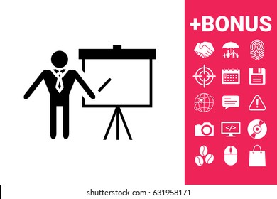 Presentation sign icon. Man standing with pointer near the flip chart. Blank empty billboard symbol