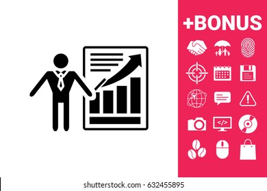 Presentation sign icon. Man standing with pointer near the infographic