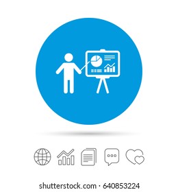Presentation sign icon. Man standing with pointer. Scheme and Diagram symbol. Copy files, chat speech bubble and chart web icons. Vector