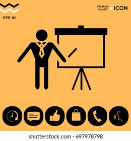 Presentation sign icon. Man standing with pointer near the flip chart. Blank empty billboard symbol