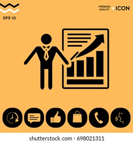 Presentation sign icon. Man standing with pointer near the infographic