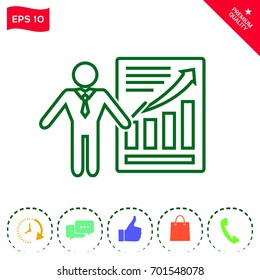 Presentation sign icon. Man standing with pointer near the infographic. Line icon.