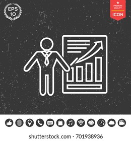 Presentation sign icon. Man standing with pointer near the infographic. Line icon.
