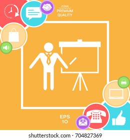 Presentation sign icon. Man standing with pointer near the flip chart. Blank empty billboard symbol