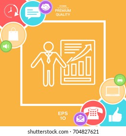 Presentation sign icon. Man standing with pointer near the infographic. Line icon.