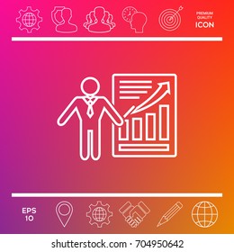 Presentation sign icon. Man standing with pointer near the infographic. Line icon.