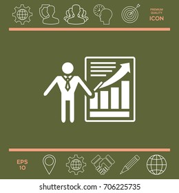 Presentation sign icon. Man standing with pointer near the infographic