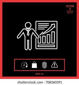 Presentation sign icon. Man standing with pointer near the infographic. Line icon.