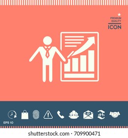Presentation sign icon. Man standing with pointer near the infographic