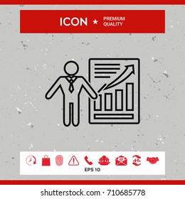 Presentation sign icon. Man standing with pointer near the infographic. Line icon.