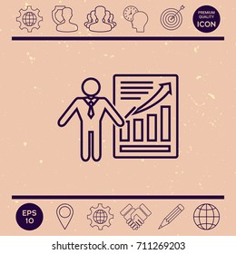 Presentation sign icon. Man standing with pointer near the infographic. Line icon.