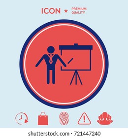 Presentation sign icon. Man standing with pointer near the flip chart. Blank empty billboard symbol