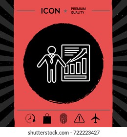 Presentation sign icon. Man standing with pointer near the infographic. Line icon.