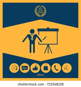 Presentation sign icon. Man standing with pointer near the flip chart. Blank empty billboard symbol