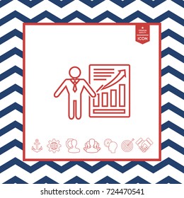 Presentation sign icon. Man standing with pointer near the infographic. Line icon.