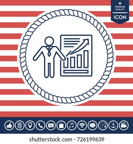 Presentation sign icon. Man standing with pointer near the infographic. Line icon.