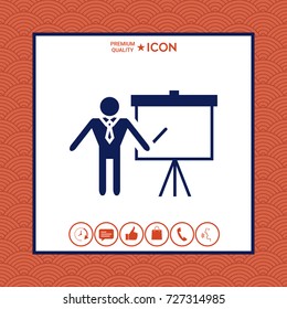 Presentation sign icon. Man standing with pointer near the flip chart. Blank empty billboard symbol